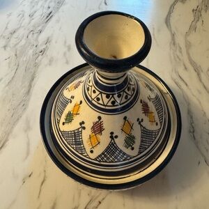 Vintage 6” Moroccan Terracotta Tagine Pot Hand Painted Glazed Multicolor